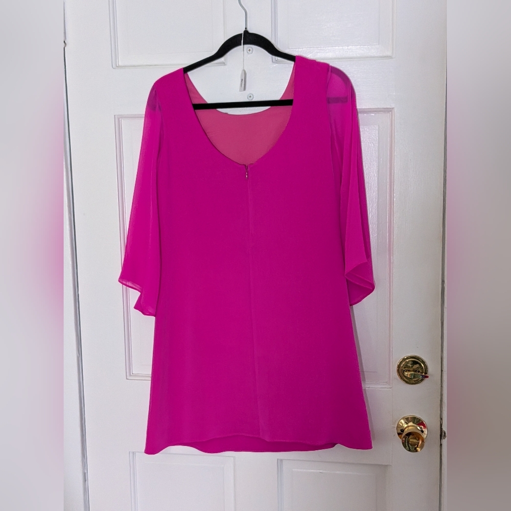 Buckley K Hot Pink Silk Tunic Dress Size 2 Sheer Sleeve Shift Made USA - Picture 3 of 5